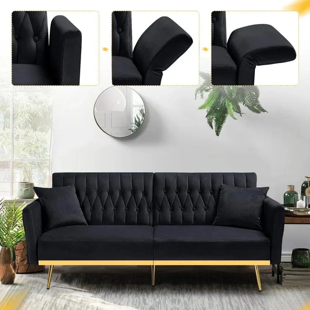 The New-70” Velvet Futon Sofa Bed With 2 Pillows And Adjustable Armrests, Convertible Sleeper Bed W/Adjustable Backrests