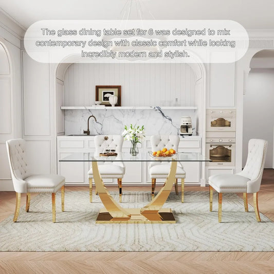 7-Piece Dining Room Set, 63" Gold Rectangular Glass Kitchen Table with 6 Beige High Back Chairs, Modern Glass Dining Table Set f