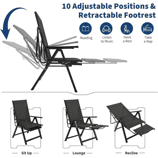 10-Position Adjustable Folding Chaise Lounge Outdoor Lightweight Recliner With Retractable Footrest 330lbs Capacity For Garden