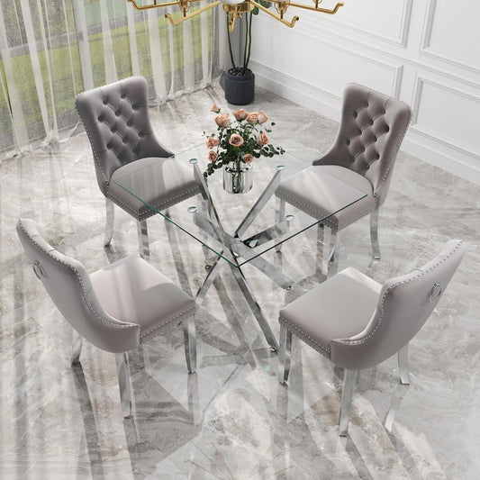 5pc Glass Dining Set Modern Minimalist Square Table & 4 Tufted Chairs 36in Grey for Small Space, Customized