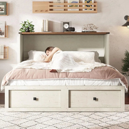 Queen Murphy Bed with Storage & Charging Station, Farmhouse Murphy Cabinet with Foldable Panel, Noisy Free, for, Customized