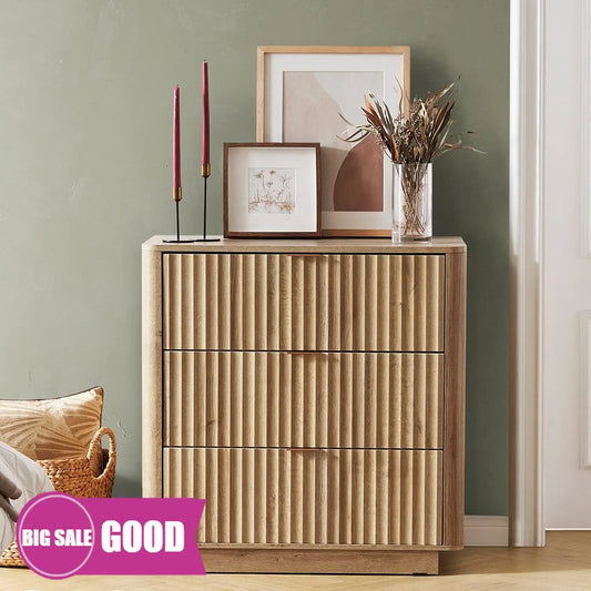 NEW! Brooklyn 3 Drawer Dresser for Bedroom, Mid Century Modern Chest of Drawers, Wood Tall Nightstand, Waveform Fluted Side Tabl