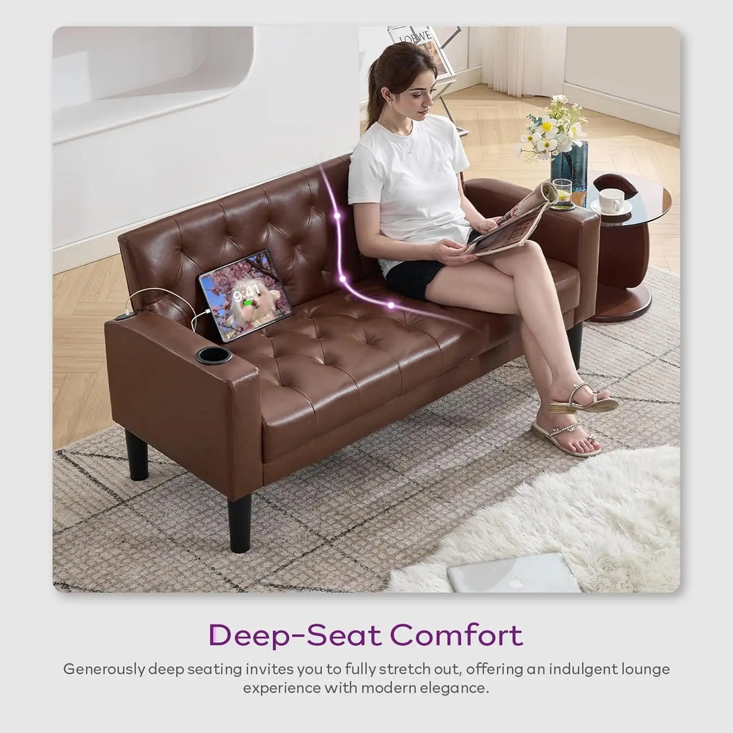 62" Brown Leather Loveseat with USB Ports & Cup Holders, Mid-Century Modern Tufted Sofa for Living Room, Office, Dorm