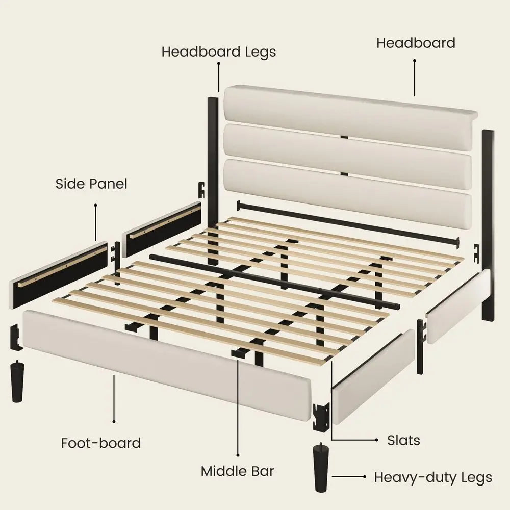 King Size Bed Frame, Platform Bed Frame with Velvet Upholstered Headboard, No Box Spring Needed, Sturdy Metal Support, Noise Fr