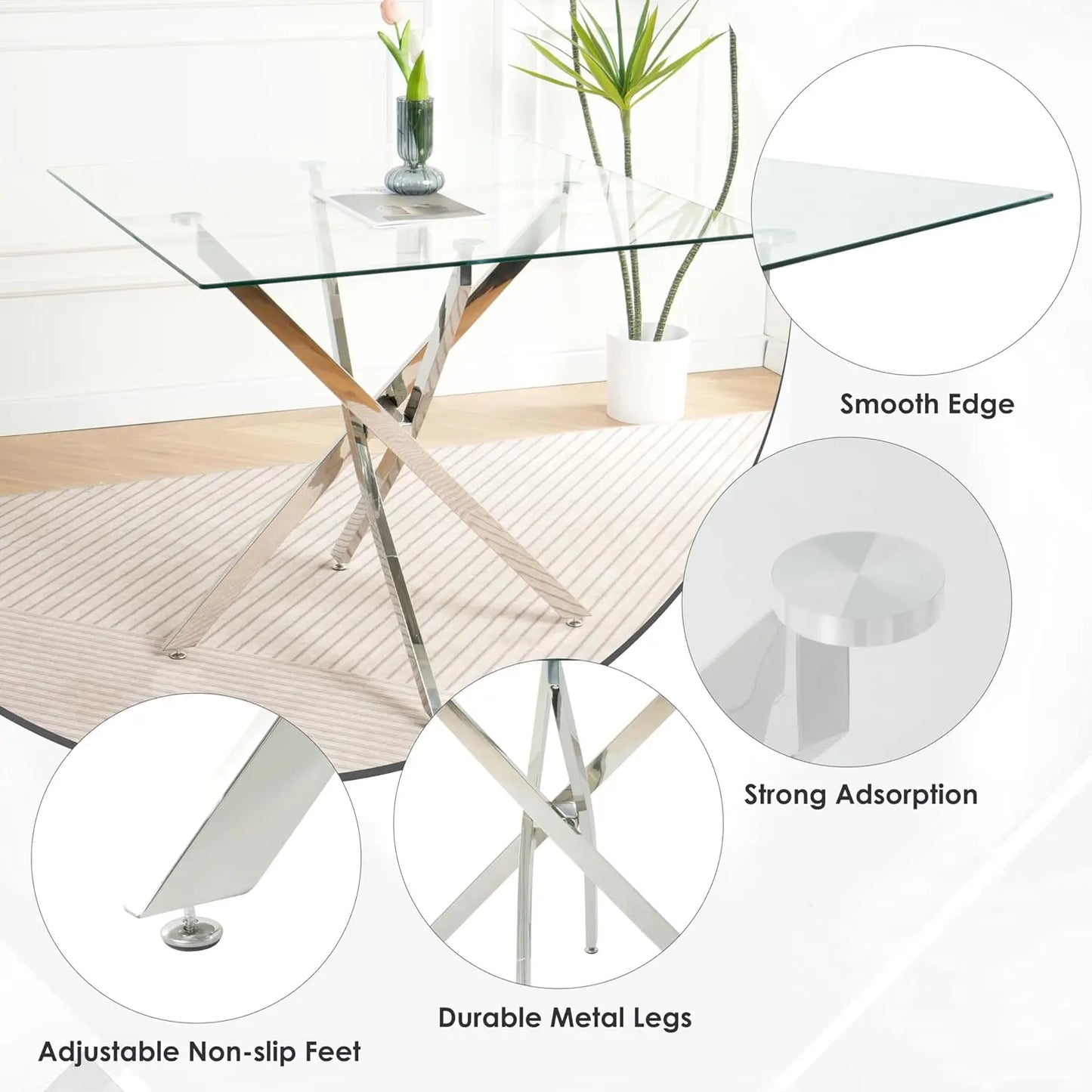 5pc Glass Dining Set Modern Minimalist Square Table & 4 Tufted Chairs 36in Grey for Small Space, Customized