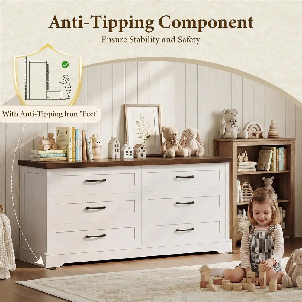 Farmhouse 6Drawer Dresser for Bedroom, HeavyDuty Storage Chest with Extra Thick Boards amp Metal Handles, Sturdy Chest of Drawe