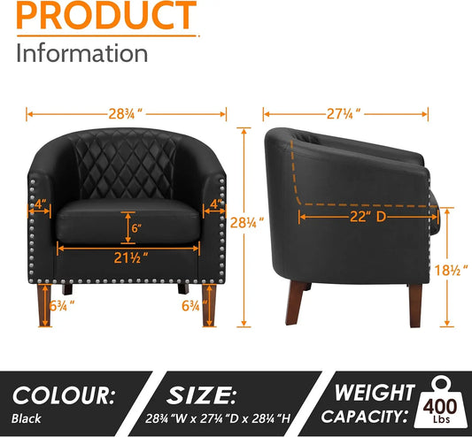 Barrel Chair Set of 2, Comfy Accent Chair, Faux Leather Living Room Chairs Club Chair with Cushion, Nailhead Trim, Black