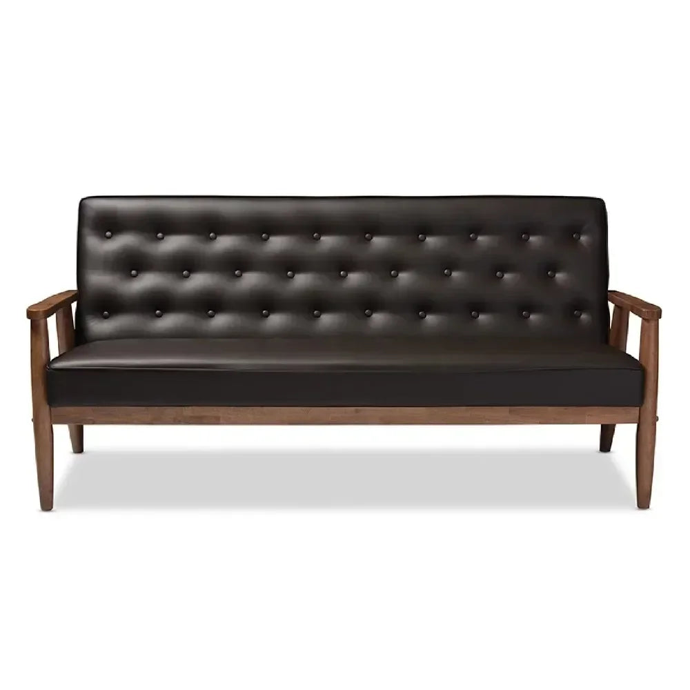 Mid-century Retro Modern Brown Faux Leather Upholstered Wooden 3-seater Sofa