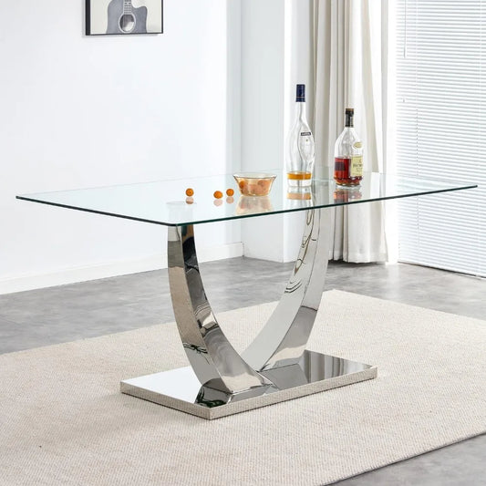 Glass Dining Table for 6 People, 62.8" Modern Kitchen Dining Room Table with Rectangular Tempered Glass Tabletop and U-Shape Ped