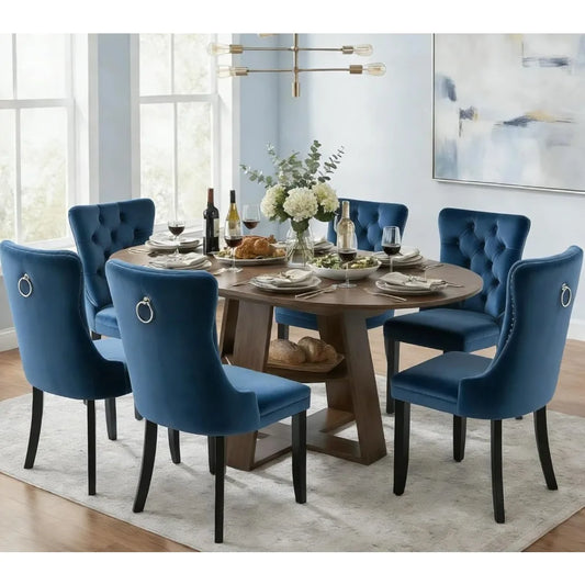 7 Piece Oval Extendable Dining Table Set for 6, 43"-59" Walnut Wood Expanding Kitchen Table with 6 Velvet Tufted, Customized