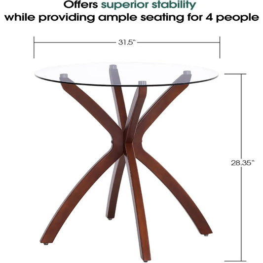 Small Glass Dining Table for 2-4 People,31.5-Inch Round Coffee Table with Solid Wood Legs, Mid-Century Modern Kitchen,Customized