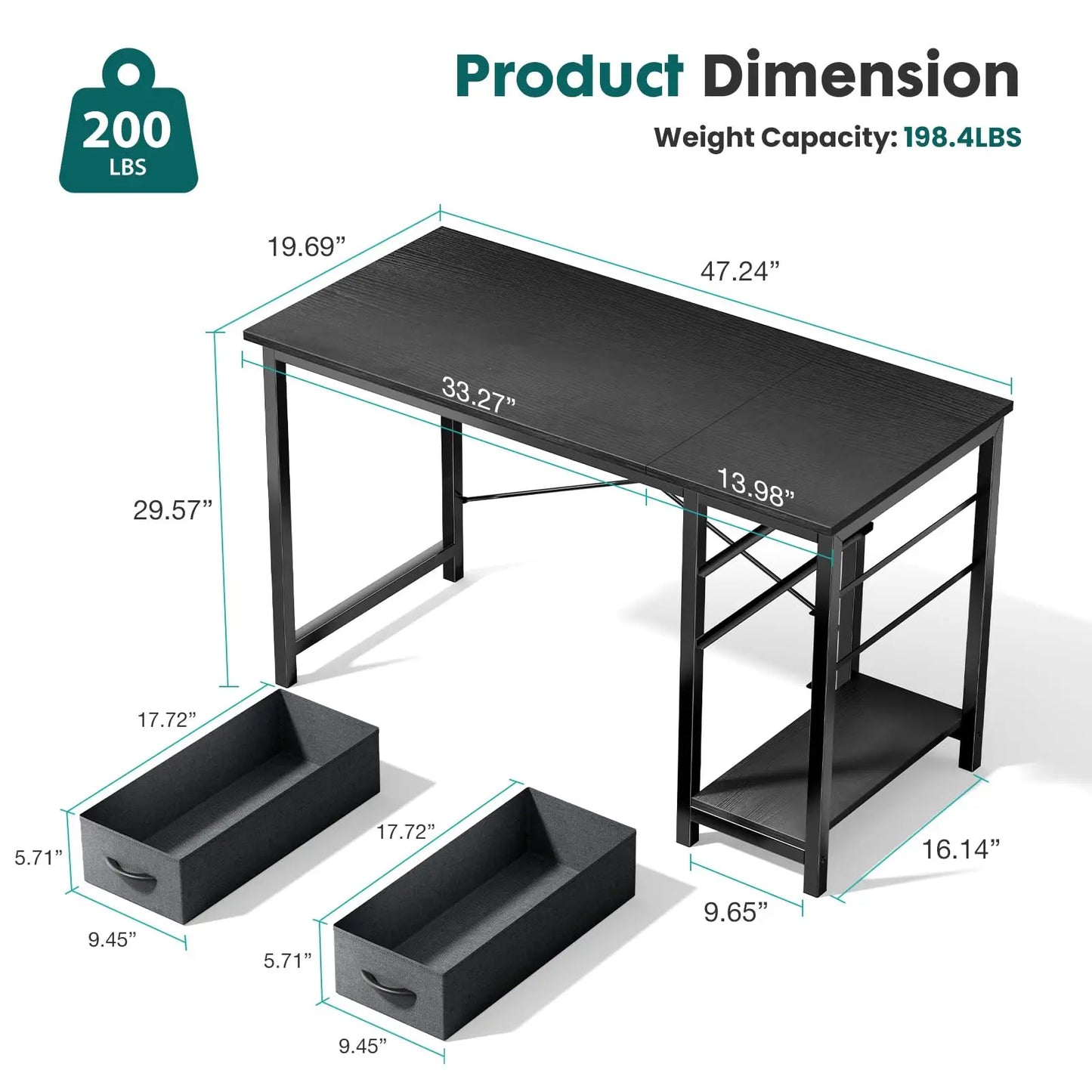 JHK 47IN Computer Desk with 2 Drawers For Study Office Gaming Wood Table with Adjustable Position Drawers Modern Work Table