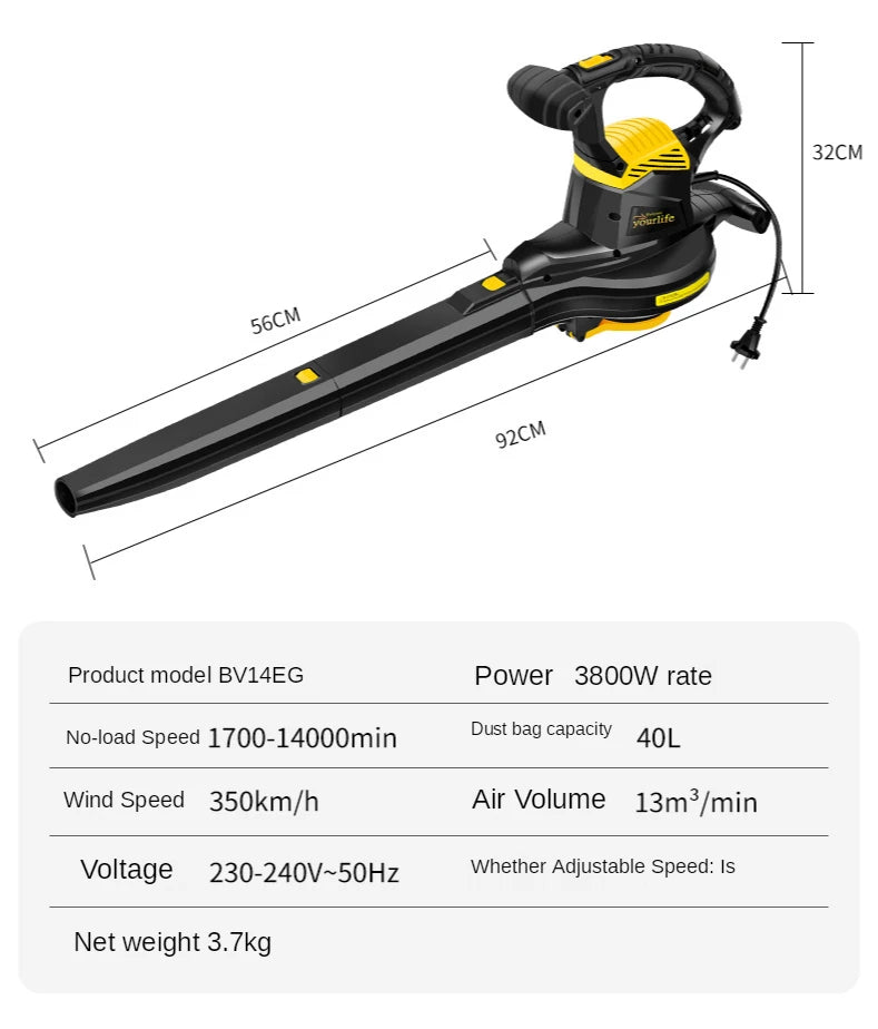 3800W Leaf Vacuum 6 Variable Speed Multi-function 3 in 1 Electric Garden Leaf Blower With Collection Bag Snow Mulcher 230-240V