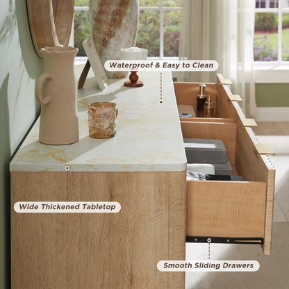 Redlemon Fluted 6 Drawers Dresser, 54" Wide Modern Chest of Drawers with Faux Marble Top