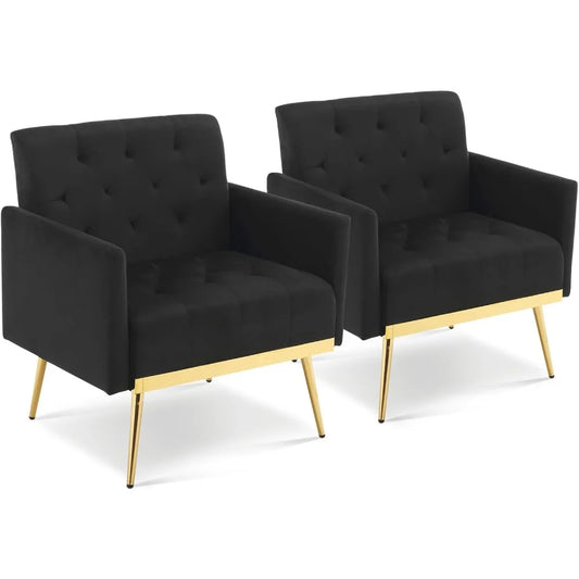 Velvet Accent Chair Set of 2, Upholstered Armchair Mid Century Modern for Living Room Bedrooms Single Sofa Chair with Gold Metal