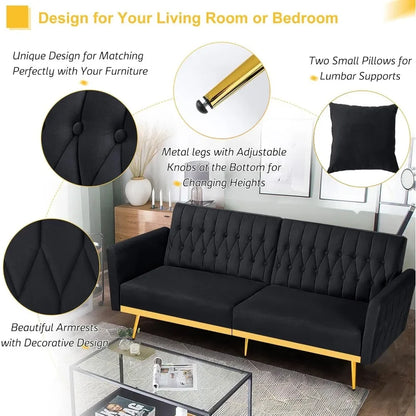 The New-70” Velvet Futon Sofa Bed With 2 Pillows And Adjustable Armrests, Convertible Sleeper Bed W/Adjustable Backrests