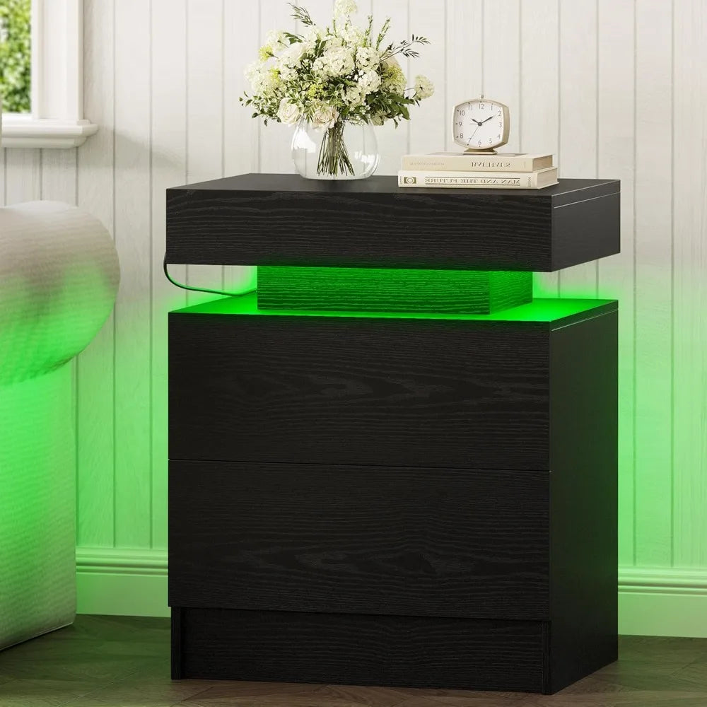 LED Light and Drawers Nightstands Set of 2 or 1, Modern Black Nightstand Charging Station, Bedside Tables End Table for Bedroom