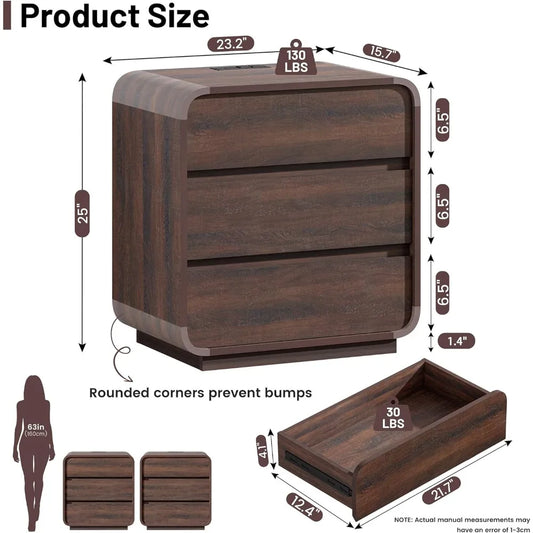 Walnut Curved Nightstand Set of 2, 23.2" Wide Wood Bedside Table with Charging Station, 3 Storage Drawers Night Stand