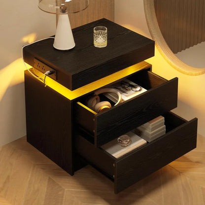 LED Light and Drawers Nightstands Set of 2 or 1, Modern Black Nightstand Charging Station, Bedside Tables End Table for Bedroom