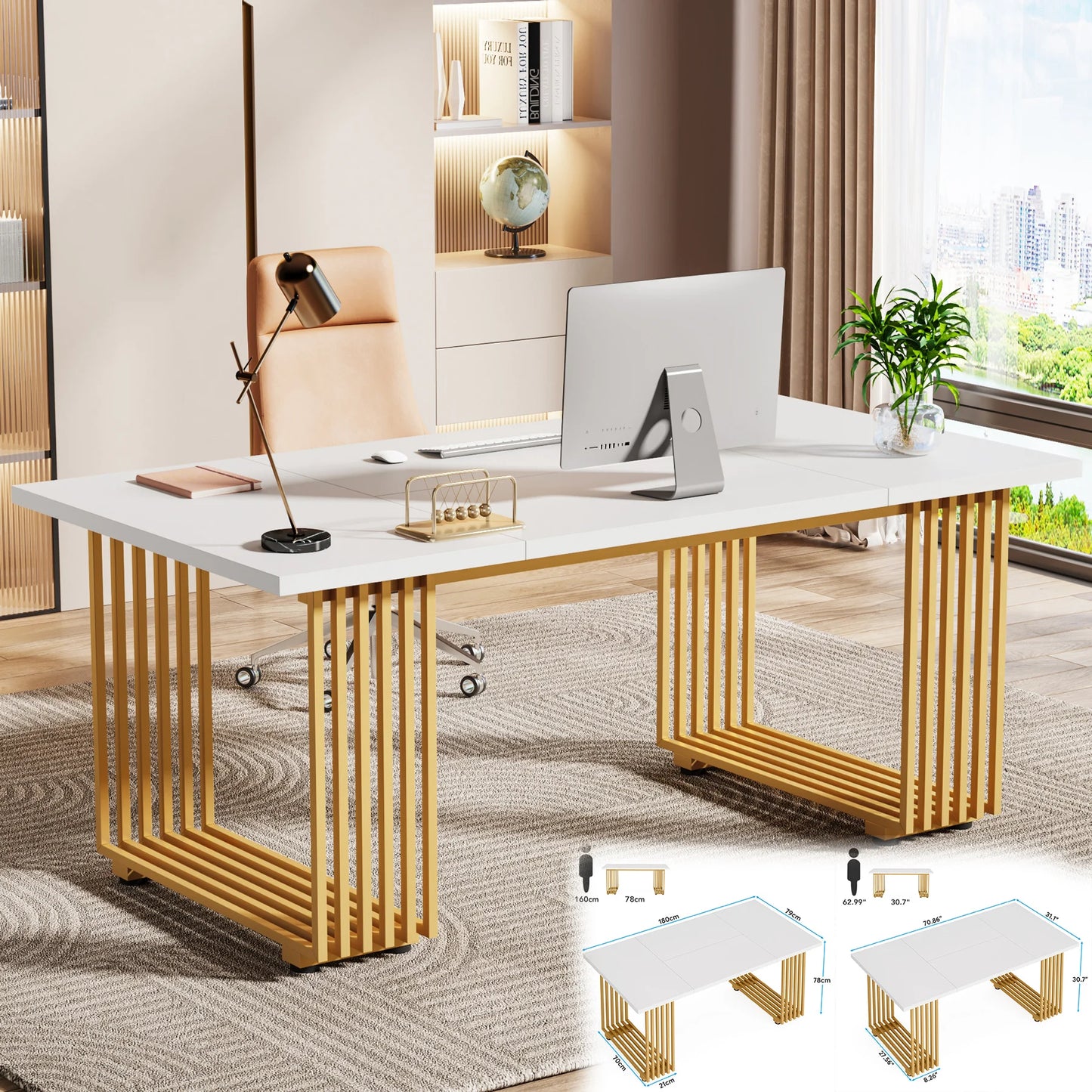 Tribesigns Modern Office Desk, 70.9" Wooden Computer Desk,Executive Desk with Gold Metal Legs, Large Workstation Home Office