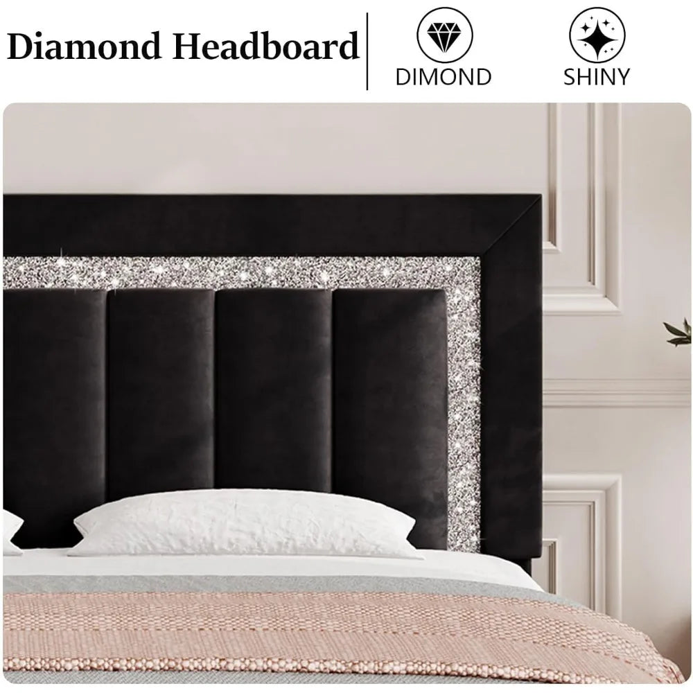 Frame, Upholstered Bed with Diamond Headboard and Footboard, Black Queen Bed Frame with Velvet Vertical Channel