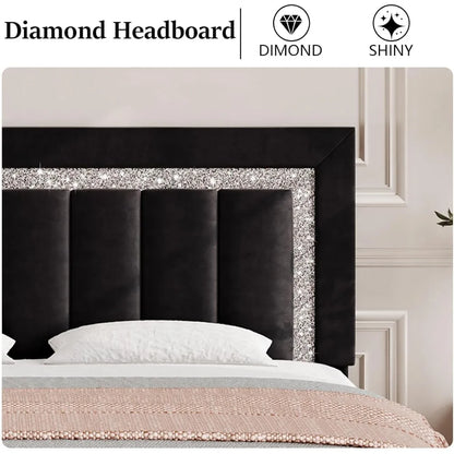Frame, Upholstered Bed with Diamond Headboard and Footboard, Black Queen Bed Frame with Velvet Vertical Channel