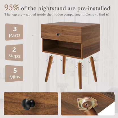 Hidden Compartment Nightstands, Mid Century Modern Concealment Furniture, Bedside Table with Wood Legs, End Table with Storage