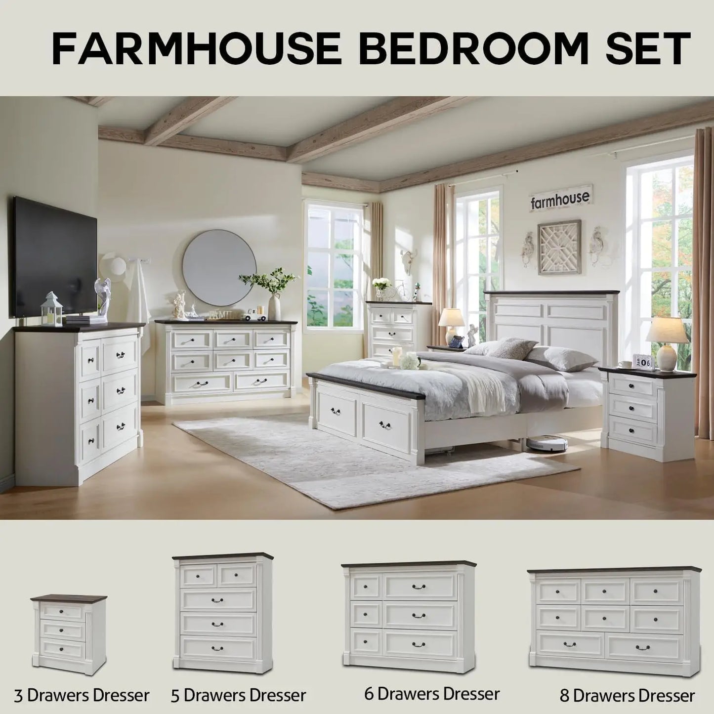 Farmhouse 8 drawer dresser, 61" wide large chest of drawers with Roman Columns, bedroom, hallway, living room, storage
