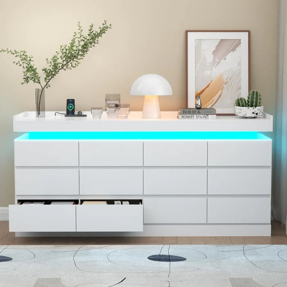 12 Drawer Dresser with Power Outlet, Dresser with LED Light, Modern Chest of Drawers for Closet, Double Wide Drawer Organizer Ca