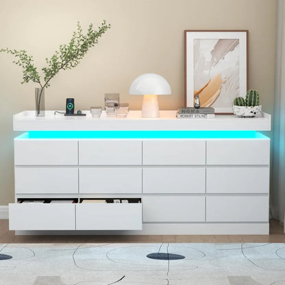 12 Drawer Dresser with Power Outlet, Dresser with LED Light, Modern Chest of Drawers for Closet, Double Wide Drawer Organizer Ca