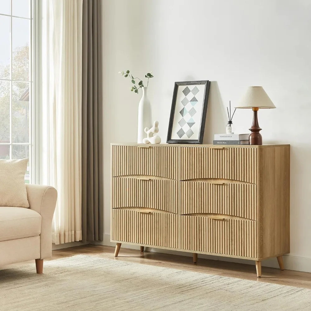 6 Drawer Dresser, 55" Wide Light Wood Curved Dresser,for Bedroom, Mid Century Modern Chest of Drawers