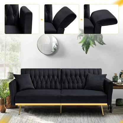 The New-70” Velvet Futon Sofa Bed With 2 Pillows And Adjustable Armrests, Convertible Sleeper Bed W/Adjustable Backrests