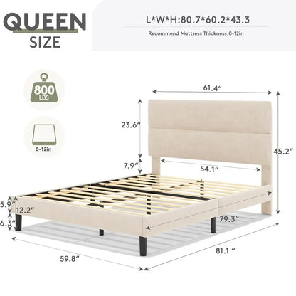Queen Size Platform Bed Frame with Velvet Headboard, Adjustable Height Wooden Slats Support, Upholstered Mattress Foundation, F