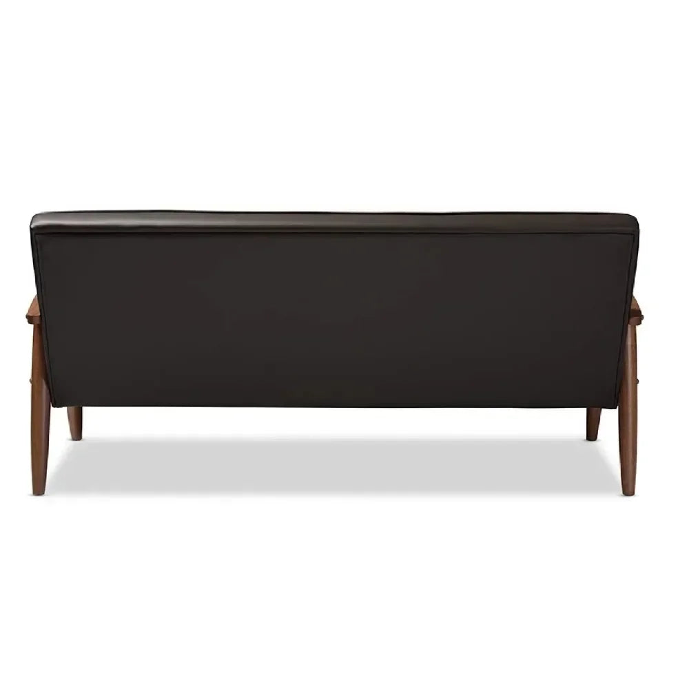 Mid-century Retro Modern Brown Faux Leather Upholstered Wooden 3-seater Sofa