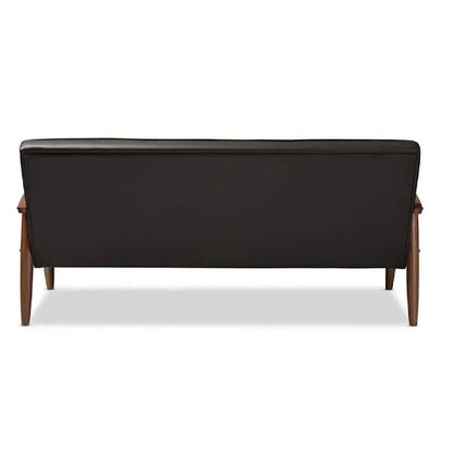 Mid-century Retro Modern Brown Faux Leather Upholstered Wooden 3-seater Sofa