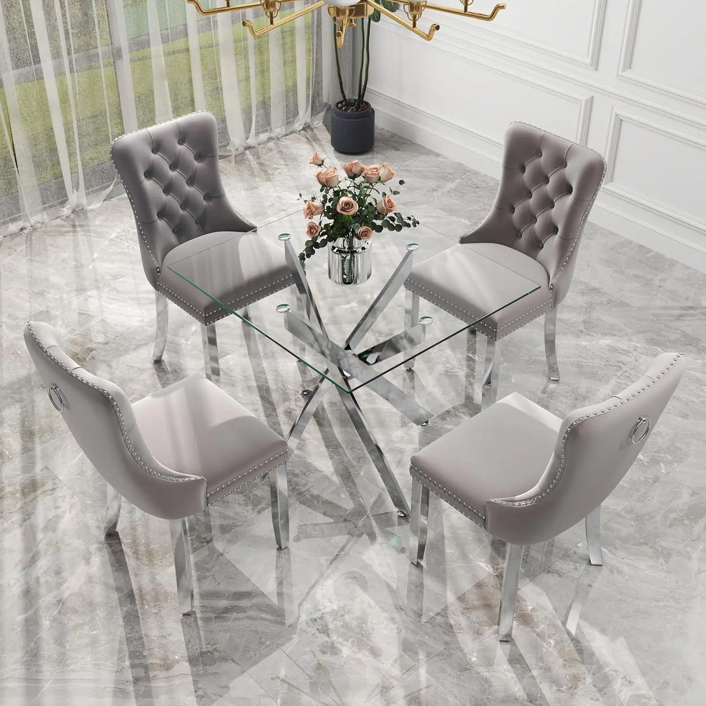 5pc Glass Dining Set Modern Minimalist Square Table & 4 Tufted Chairs 36in Grey for Small Space, Customized