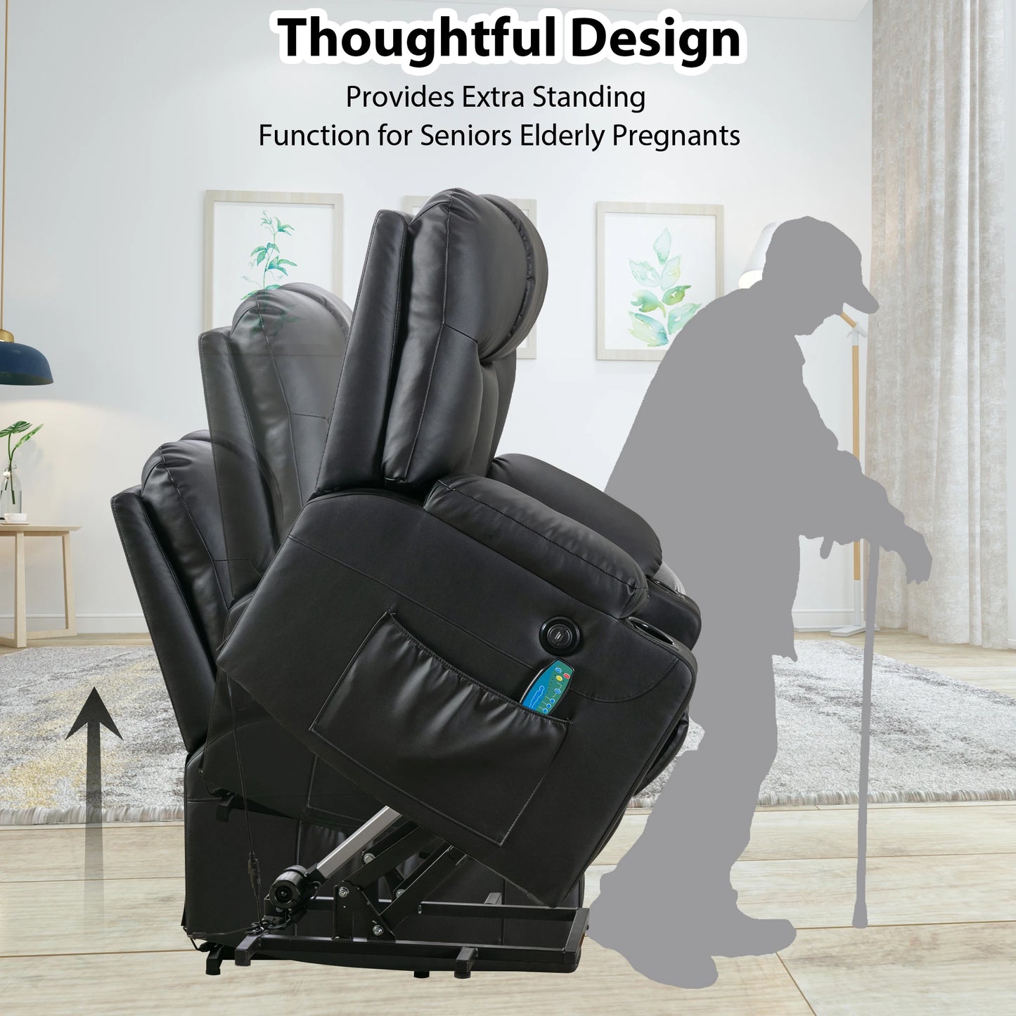 EBELLO 26" Extra Wide Lift Chair with Heat and Massage, Faux Leather Power Lift Recliner Massage Chair with 2 Cup Holders