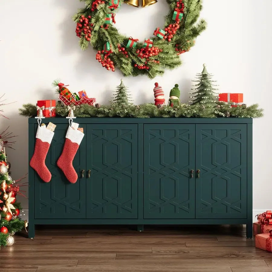 Modern Sideboard Buffet Cabinet, 60 Green Credenza with 4 Doors and Adjustable Shelves, Kitchen Buffet Table Coffee Bar Wine Ba