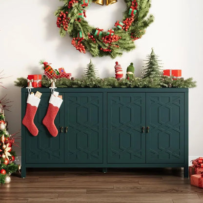 Modern Sideboard Buffet Cabinet, 60 Green Credenza with 4 Doors and Adjustable Shelves, Kitchen Buffet Table Coffee Bar Wine Ba