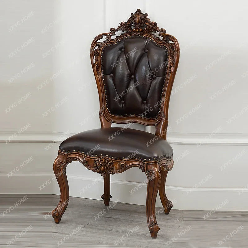 A European natural marble dining table full solid wood round table carved American villa large apartment restaurant combination