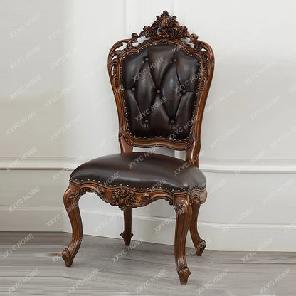 A European natural marble dining table full solid wood round table carved American villa large apartment restaurant combination