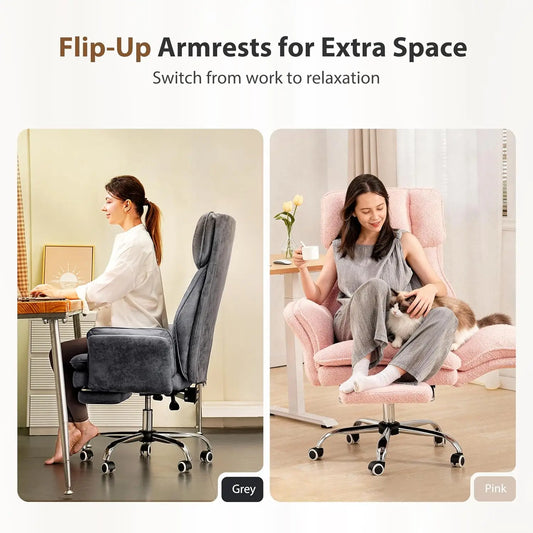 Big Tall Office Chair, Ergonomic Gaming Chair with Footrest, Pink Teddy Fleece Reclining Desk Chair