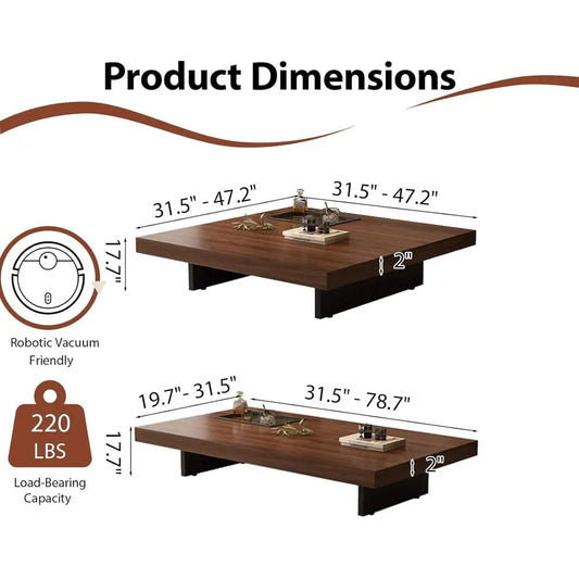 Walnut Modern Farmhouse Coffee Table, Large Square Living Room, Adjustable Feet, 31.5x19.7x17.7