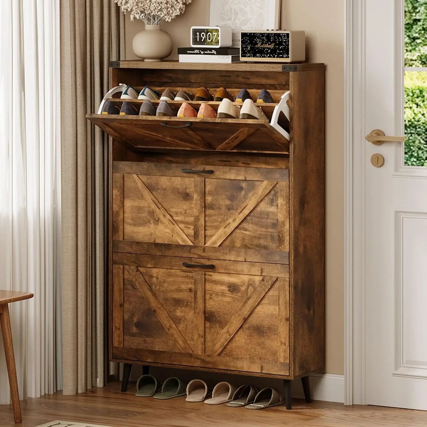 Vabches Shoe Storage Cabinet wtih 3 Flip Drawers Freestanding Shoe Cabinet with Wood Legs Slim Shoe Rack Organizer for Entryway