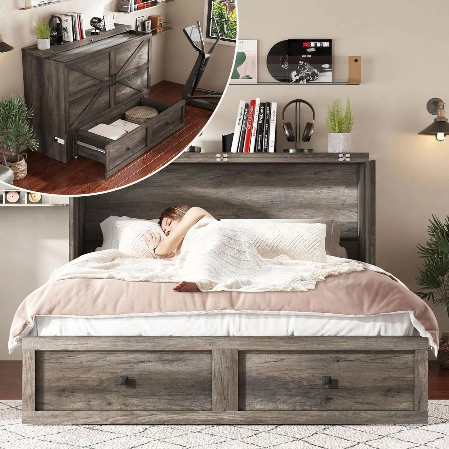 Queen Murphy Bed with Storage & Charging Station, Farmhouse Murphy Cabinet with Foldable Panel, Noisy Free, for, Customized