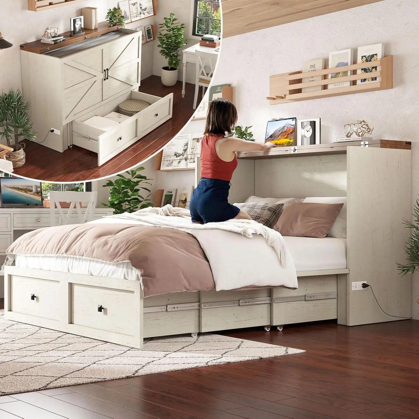 Queen Murphy Bed with Storage & Charging Station, Farmhouse Murphy Cabinet with Foldable Panel, Noisy Free, for, Customized