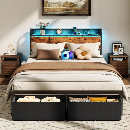 Furnulem Queen Size Bed Frame with Headboard, Platform Bed Frame Queen Size with 2 Storage Drawers and Charging Station