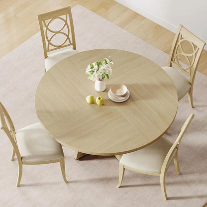 Farmhouse Style Dining Table Set for 4-6, Wooden Top Circle Table, Pedestal Base, Dining Room Furniture - Burlywood Finish