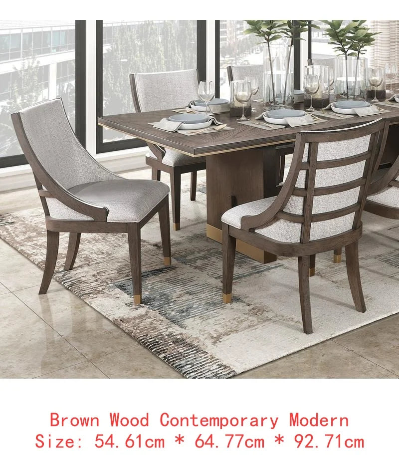 Modern Luxury Brown Finish 7-Piece Dining Set with Extension Table and 6 Armchairs, Upholstered in Gold Tipping for Stylish