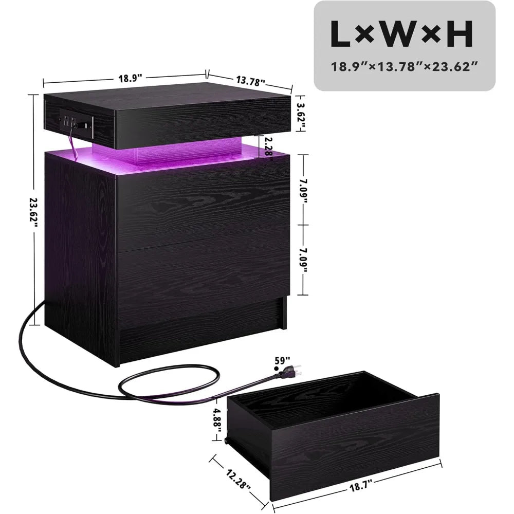 LED Light and Drawers Nightstands Set of 2 or 1, Modern Black Nightstand Charging Station, Bedside Tables End Table for Bedroom